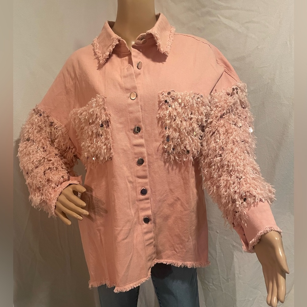 Chicme Pink Sequin Fringe Jean Jacket with sequin and feather details